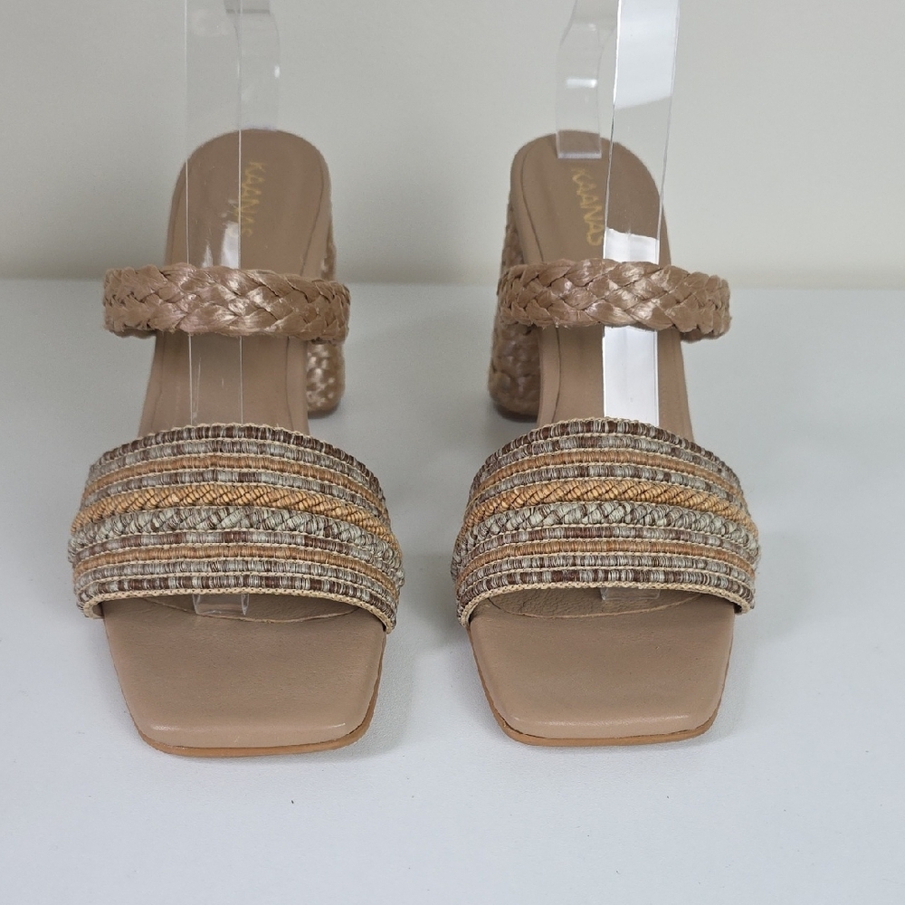 Kaanas Tan and Brown Braided Heels with Embroidered Top. Size 10